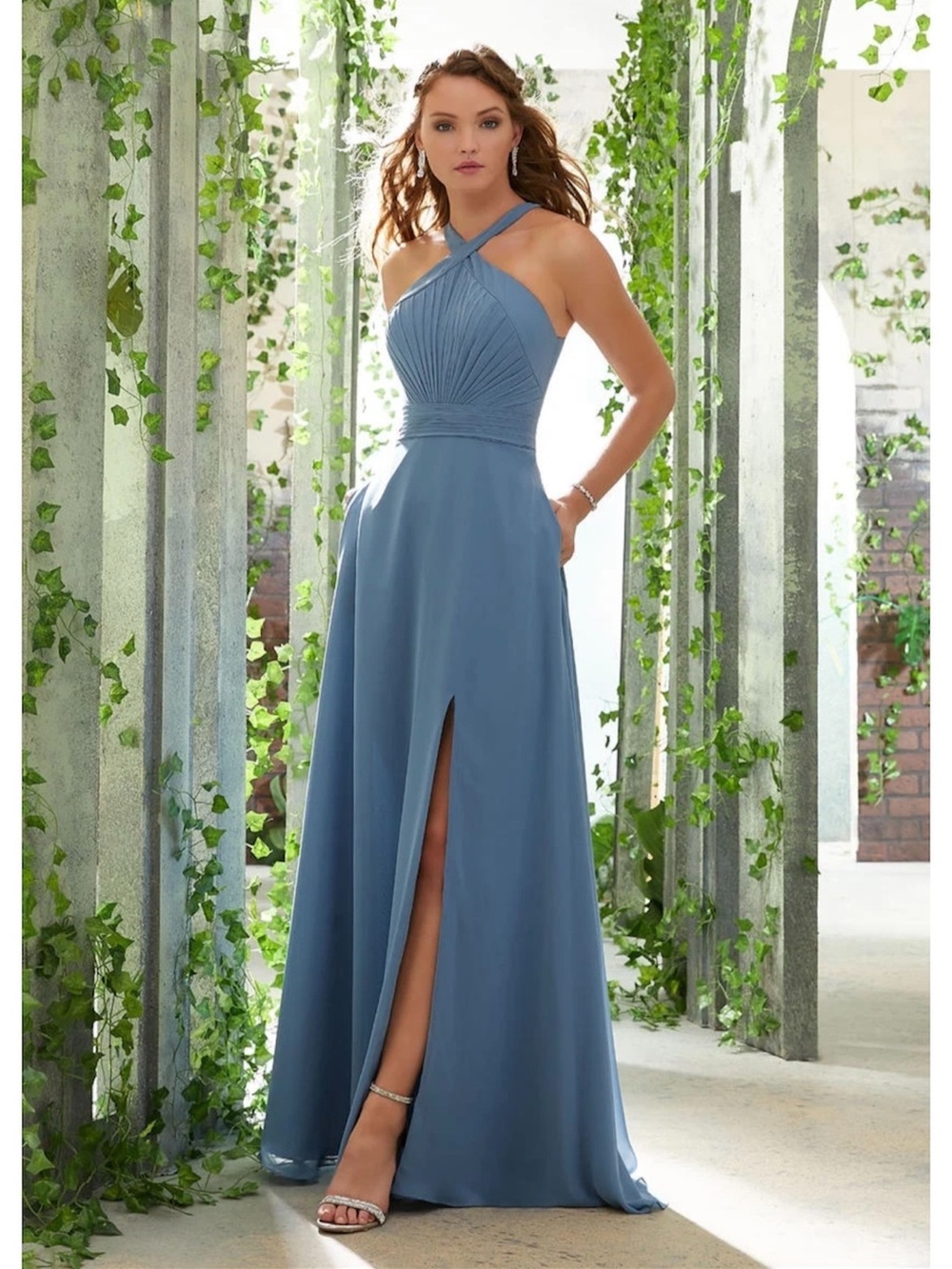 Mori Lee Dusty Blue Crisscross Halter Evening Gown